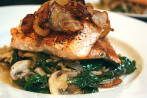 Wild Copper River Salmon Served with Mushrooms and Onions